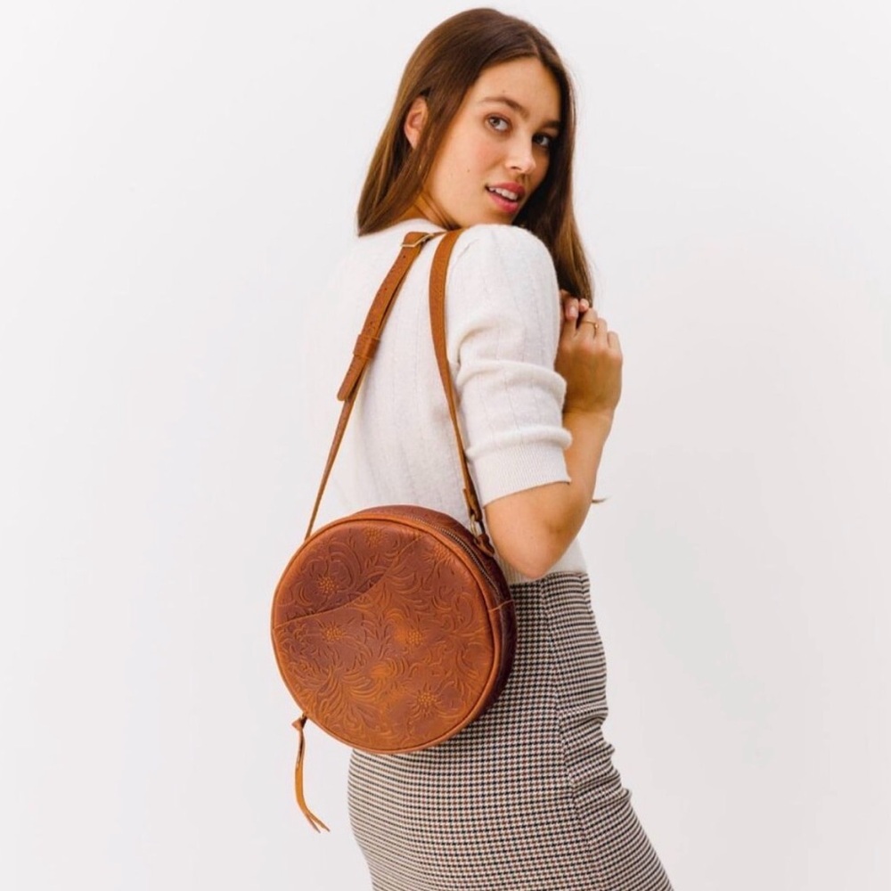 Portland Leather Round Tooled Crossbody Bag in Cognac Brown